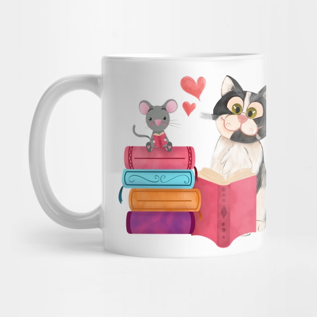 Cute little mouse and cat friend reading books by PrintAmor